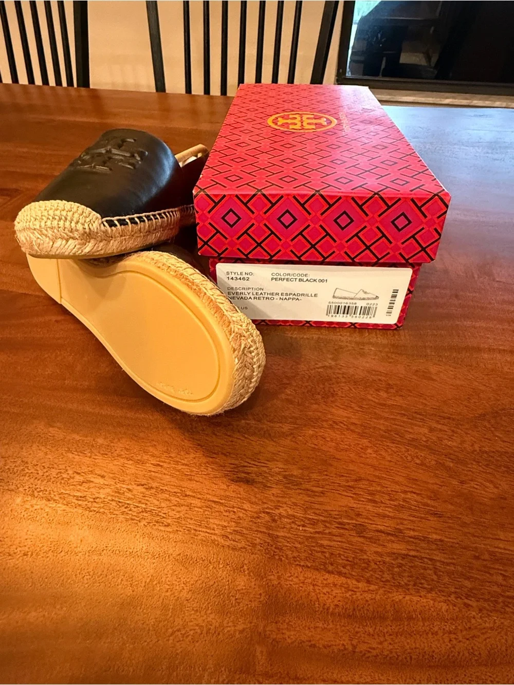 Tory Burch Ines Black Leather Logo Espadrille Flats with Jute Trim
